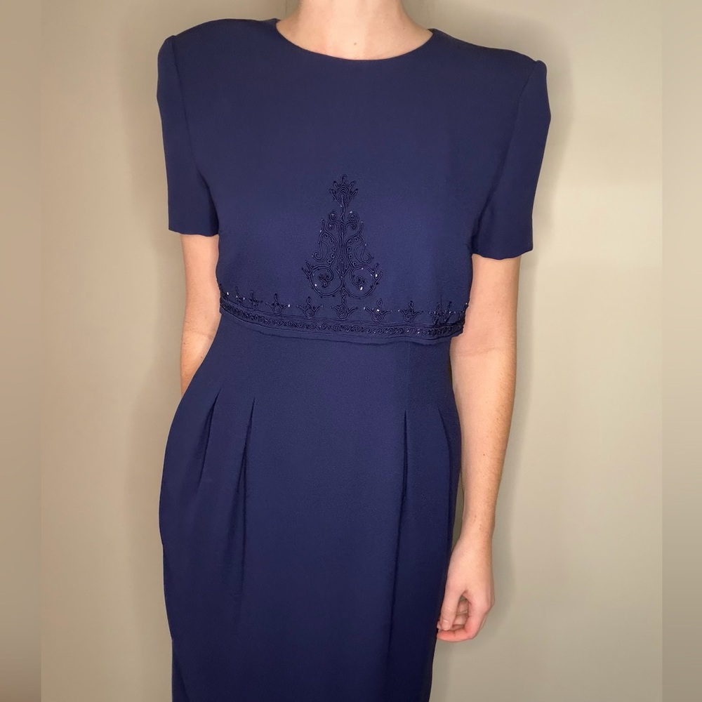 Vintage Donna Morgan Elegant Navy Blue Dress with Embroidery